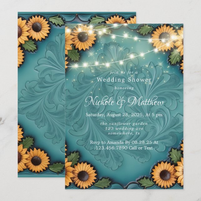 Teal Tooled Leather Sunflower Wedding Shower Invitation (Front/Back)