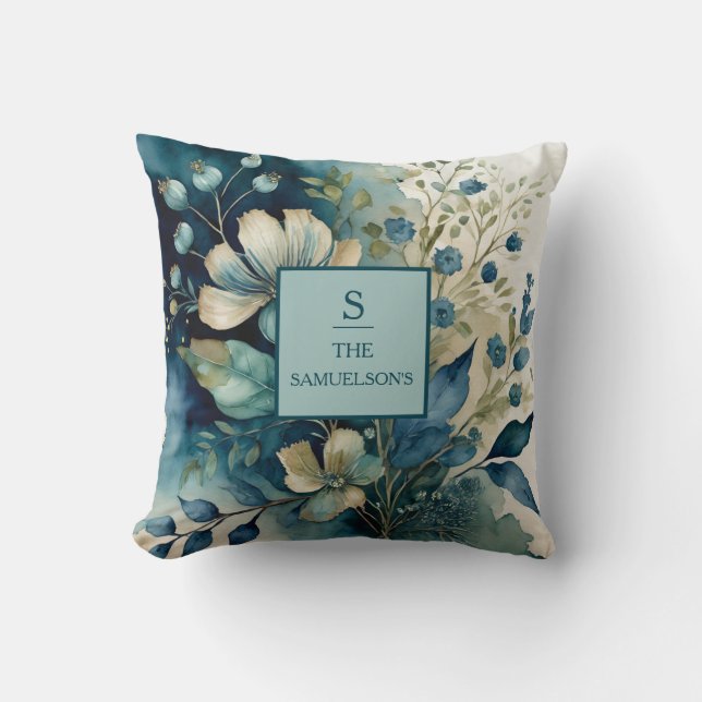 Teal Tranquillity: Botanical Bliss Throw Pillow (Front)