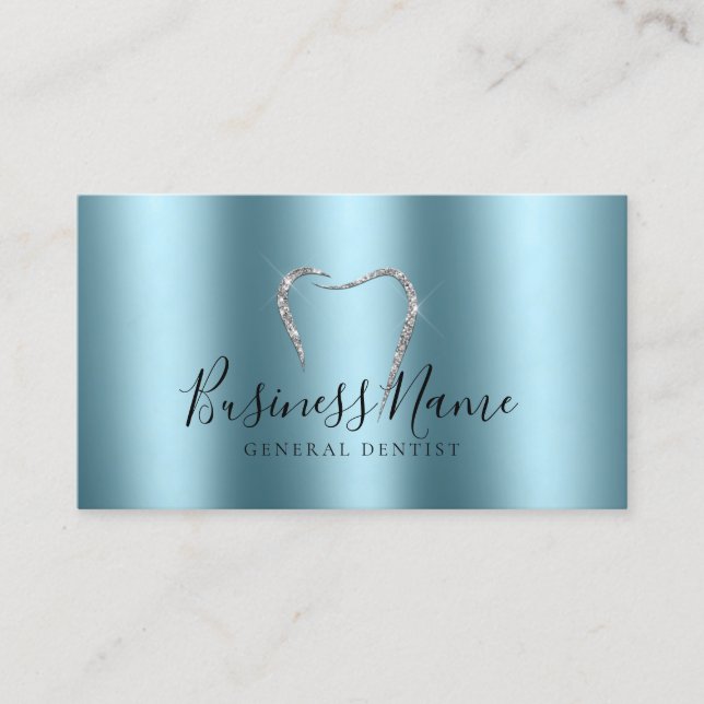 Teal Treasure Sparkly Silver Tooth Dentist  Business Card (Front)