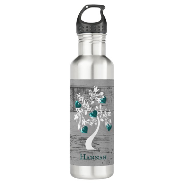 Teal Tree of Hearts Personalized 710 Ml Water Bottle (Front)