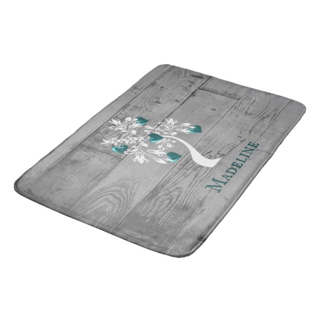 Teal Tree of Hearts Personalized Bath Mat (Angled)