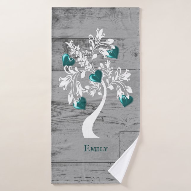 Teal Tree of Hearts Personalized Bath Towel Set (Bath Towel)