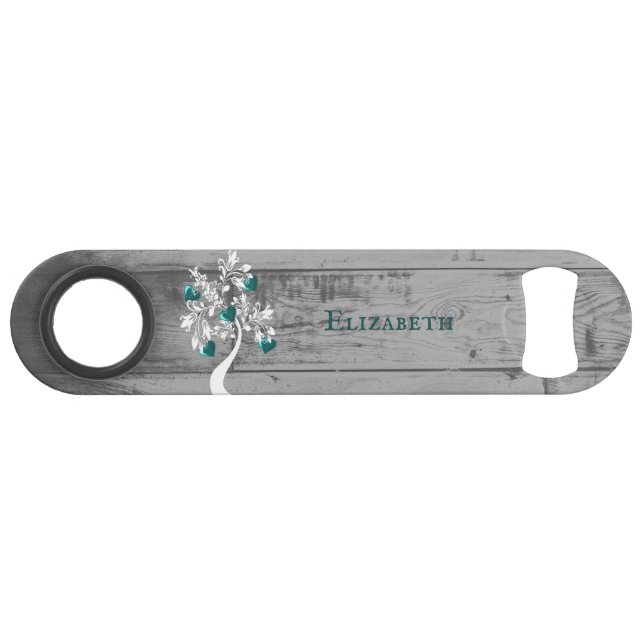 Teal Tree of Hearts Personalized Bottle Opener Bar Key (Front (Horizontal))