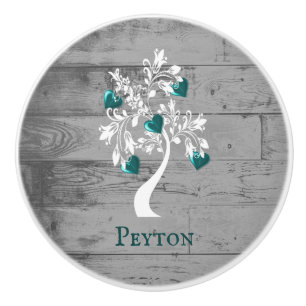 Teal Tree of Hearts Personalized Ceramic Knob