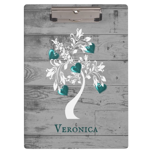 Teal Tree of Hearts Personalized Clipboard (Front)