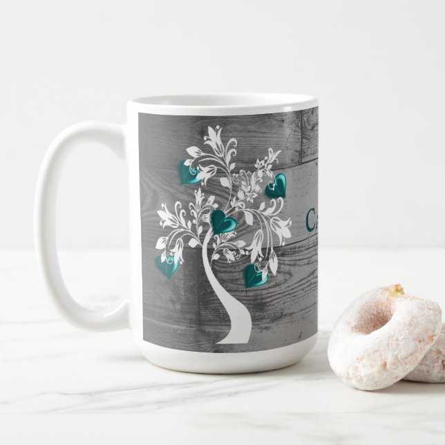 Teal Tree of Hearts Personalized Coffee Mug (With Donut)