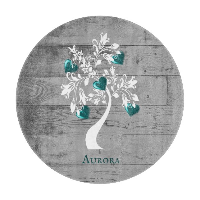 Teal Tree of Hearts Personalized Cutting Board (Front)