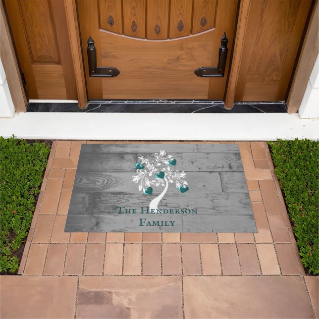 Teal Tree of Hearts Personalized Doormat (Outdoor)