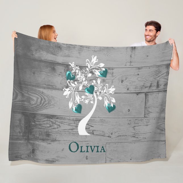 Teal Tree of Hearts Personalized Fleece Blanket (In Situ)