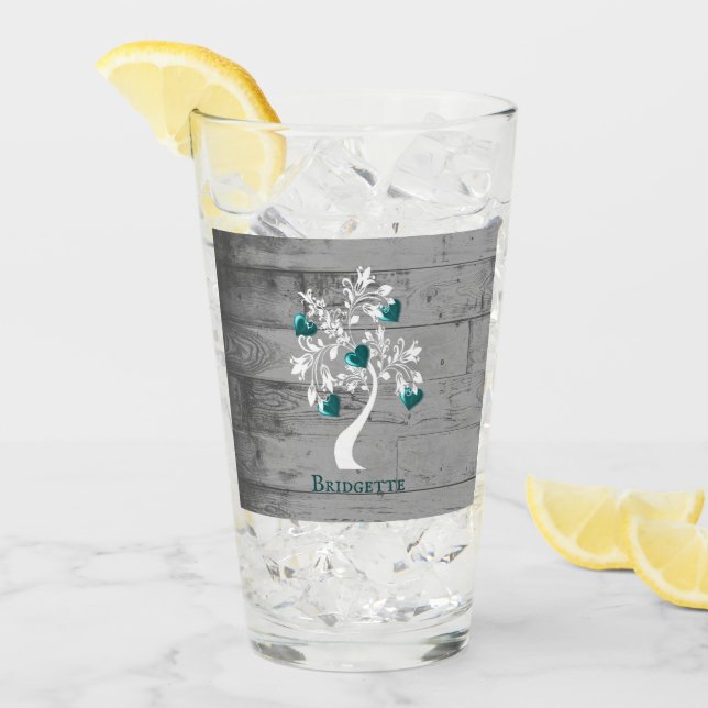 Teal Tree of Hearts Personalized Glass Cup (Front Ice)