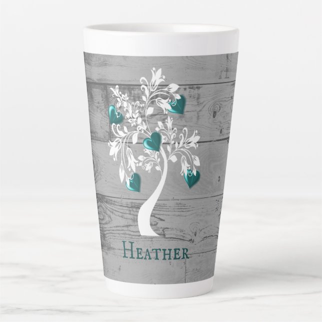 Teal Tree of Hearts Personalized Latte Mug (Front)
