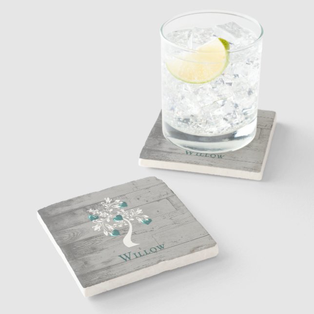 Teal Tree of Hearts Personalized Stone Coaster (Side)