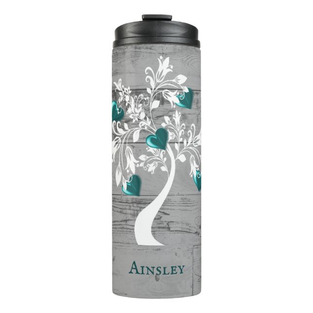 Teal Tree of Hearts Personalized Thermal Tumbler (Front)