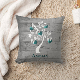 Teal Tree of Hearts Personalized Throw Pillow