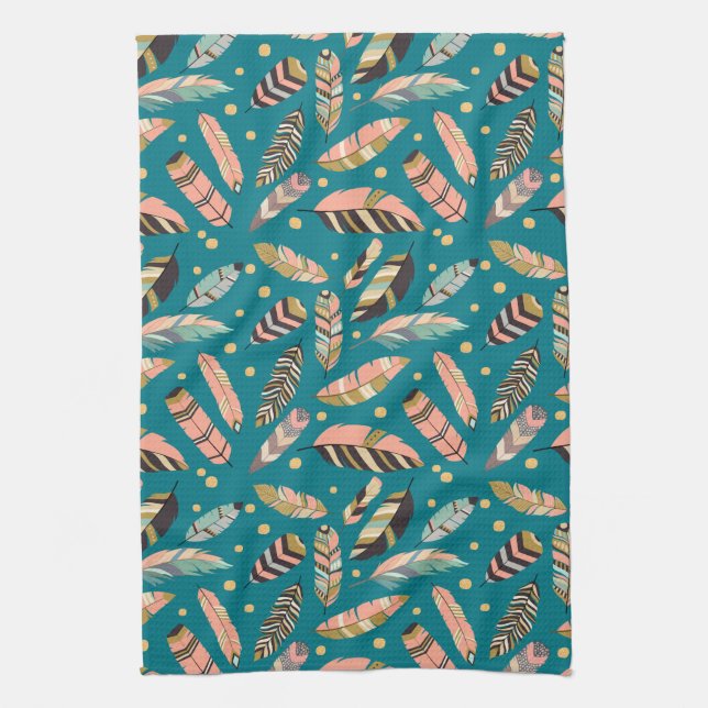 Teal Tribal Feather Pattern Kitchen Towel (Vertical)