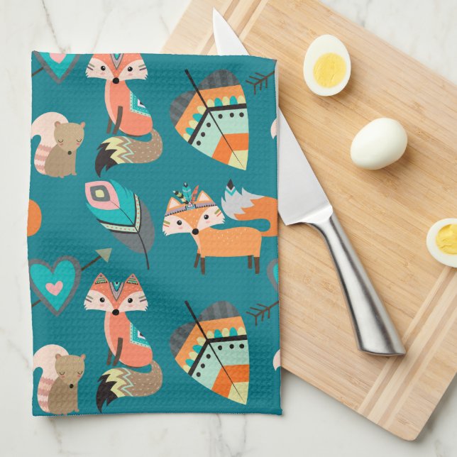 Teal Tribal Fox Pattern Kitchen Towel (Quarter Fold)
