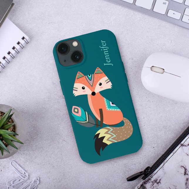 Teal Tribal Fox with Feather Case-Mate iPhone Case (Creator Uploaded)