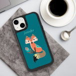 Teal Tribal Fox with Feather<br><div class="desc">A colourful, cute fox wears boho style tribal attire and holds a pattern feather. The image, in orange and turquoise, is placed on a darker teal background. Your name or other text is in matching light teal at one side. Unique and trendy!</div>