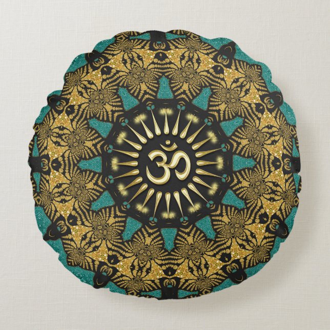 Teal Tribal Mandala Om Symbol Round Pillow (Front)