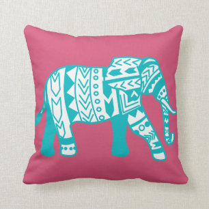 Teal Tribal Walking Elephant Custom Throw Pillow