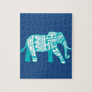 Teal Tribal Walking Elephant Jigsaw Puzzle