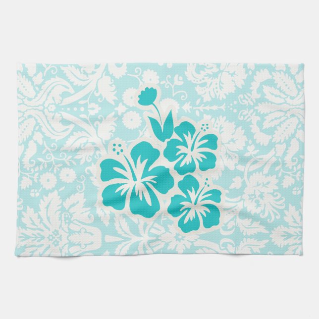 Teal Tropical Flowers Kitchen Towel (Horizontal)