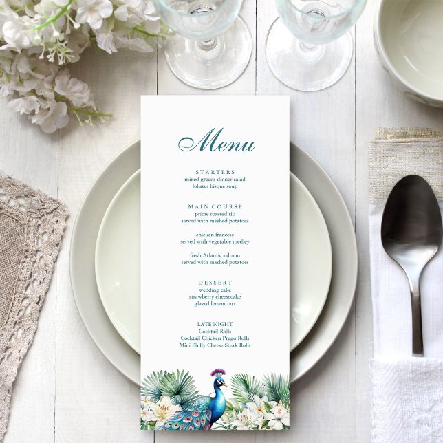 Teal Tropical Flowers Peacock Wedding Menu (Teal Tropical Flowers Peacock Wedding Menu on a wedding table.)