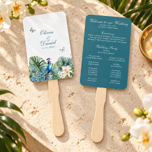 Teal Tropical Flowers Peacock Wedding Program Hand Fan
