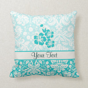 Teal Tropical Flowers Throw Pillow