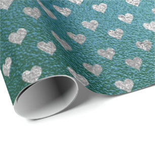 Teal Tropical Green Glass Silver Hearts Grey Wrapping Paper