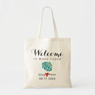 Teal tropical leaf destination wedding welcome tote bag