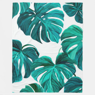 Teal Tropical Monstera Leaf Seamless Pattern Art Fleece Blanket