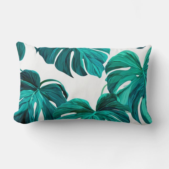 Teal Tropical Monstera Leaf Seamless Pattern Art Lumbar Pillow (Front)