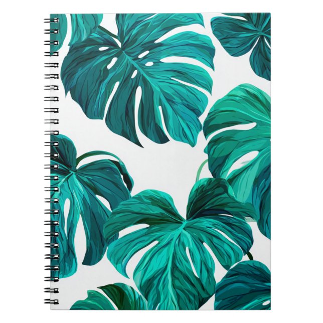 Teal Tropical Monstera Leaf Seamless Pattern Art Notebook (Front)
