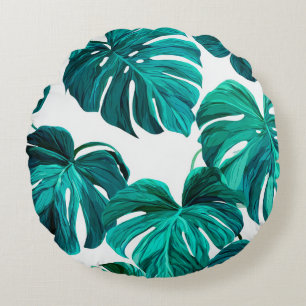 Teal Tropical Monstera Leaf Seamless Pattern Art Round Pillow