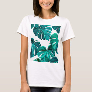 Teal Tropical Monstera Leaf Seamless Pattern Art T-Shirt