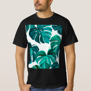 Teal Tropical Monstera Leaf Seamless Pattern Art T-Shirt