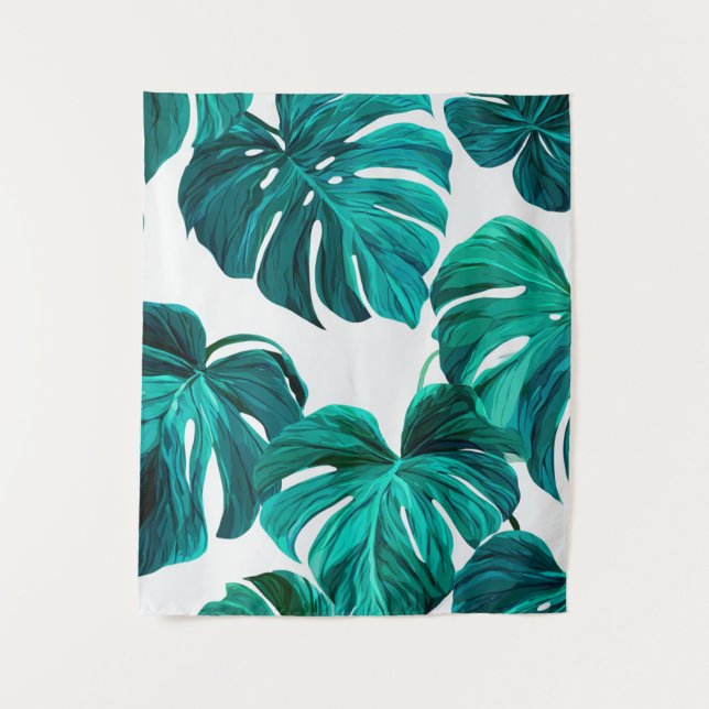 Teal Tropical Monstera Leaf Seamless Pattern Art Tapestry (Front)