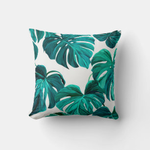 Teal Tropical Monstera Leaf Seamless Pattern Art Throw Pillow