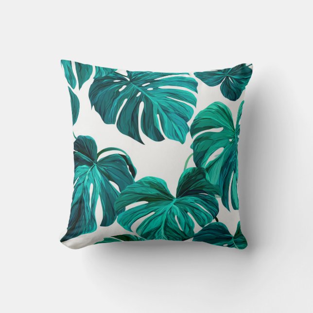 Teal Tropical Monstera Leaf Seamless Pattern Art Throw Pillow (Front)