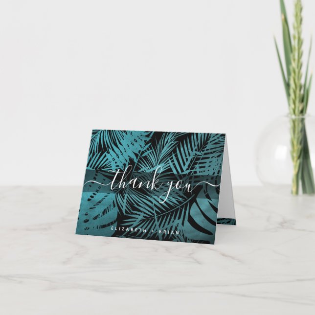 Teal tropical palm leaf pattern calligraphy script thank you card (Front)
