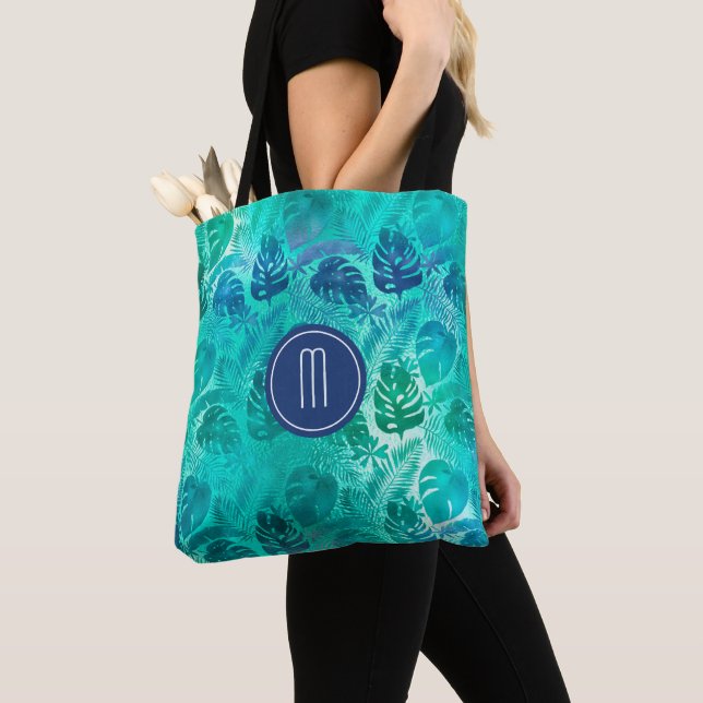 Teal Tropical Palm Leaf Pattern Monogram Tote Bag (Close Up)