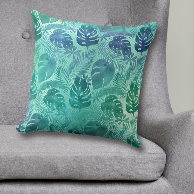 Teal Tropical Palm Leaf Pattern Throw Pillow (Creator Uploaded)