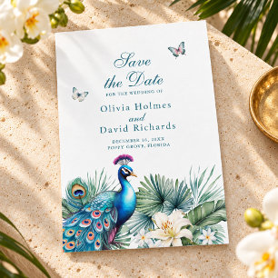 Teal Tropical Peacock Wedding Save the Date Card