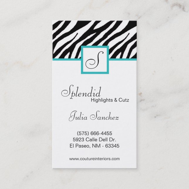 Teal Turquoi Zebra Print Personalize Business Card (Front)