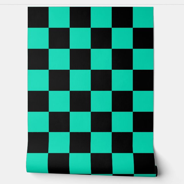 Teal Turquoise and Black Chequered Pattern  Wallpaper (Unrolling)