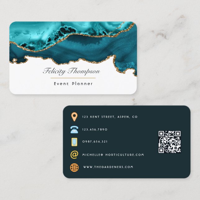 Teal - Turquoise and Gold Agate Stone QR Code Business Card (Front/Back)