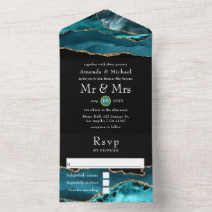 Teal - Turquoise and Gold Agate Stone Wedding All  In One Invitation