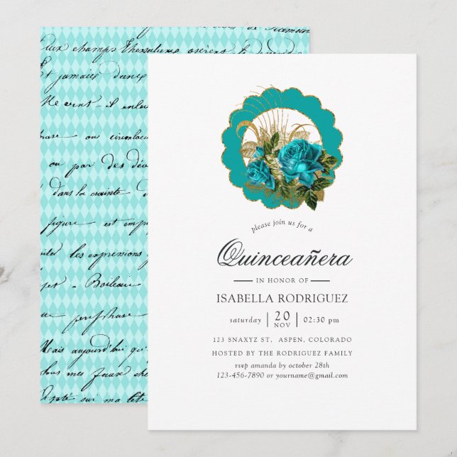 Teal - Turquoise and Gold Chic Paris Quinceañera Invitation (Front/Back)