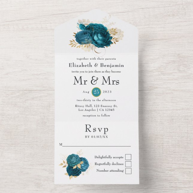 Teal - Turquoise and Gold Floral Wedding All In On All In One Invitation (Inside)